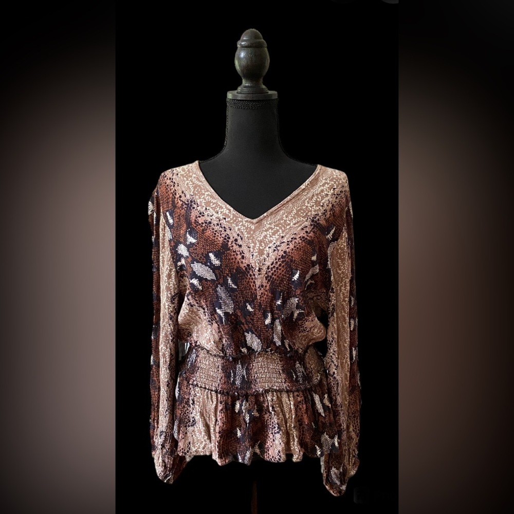 Angie: Brown, Black, Tan and White 100% Rayon Boho Snakeskin Blouse - Picture 3 of 17